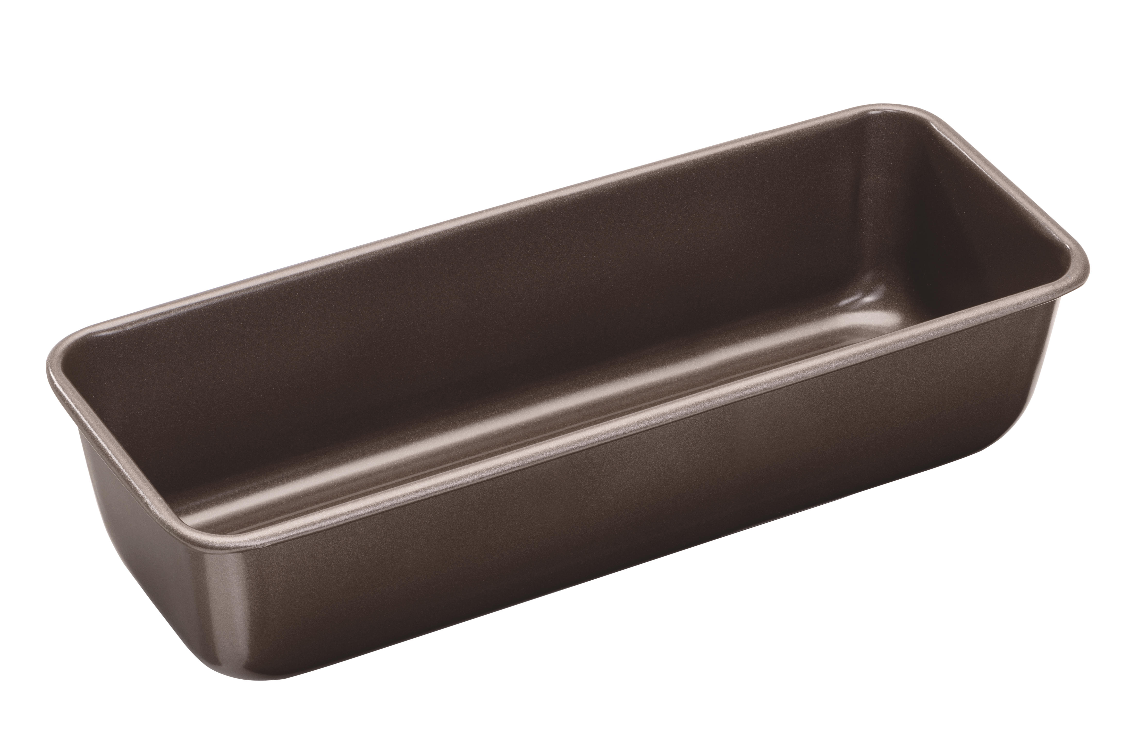 Eine braune, rechteckige Brotform. Die Form ist leer und steht auf weißem Grund.