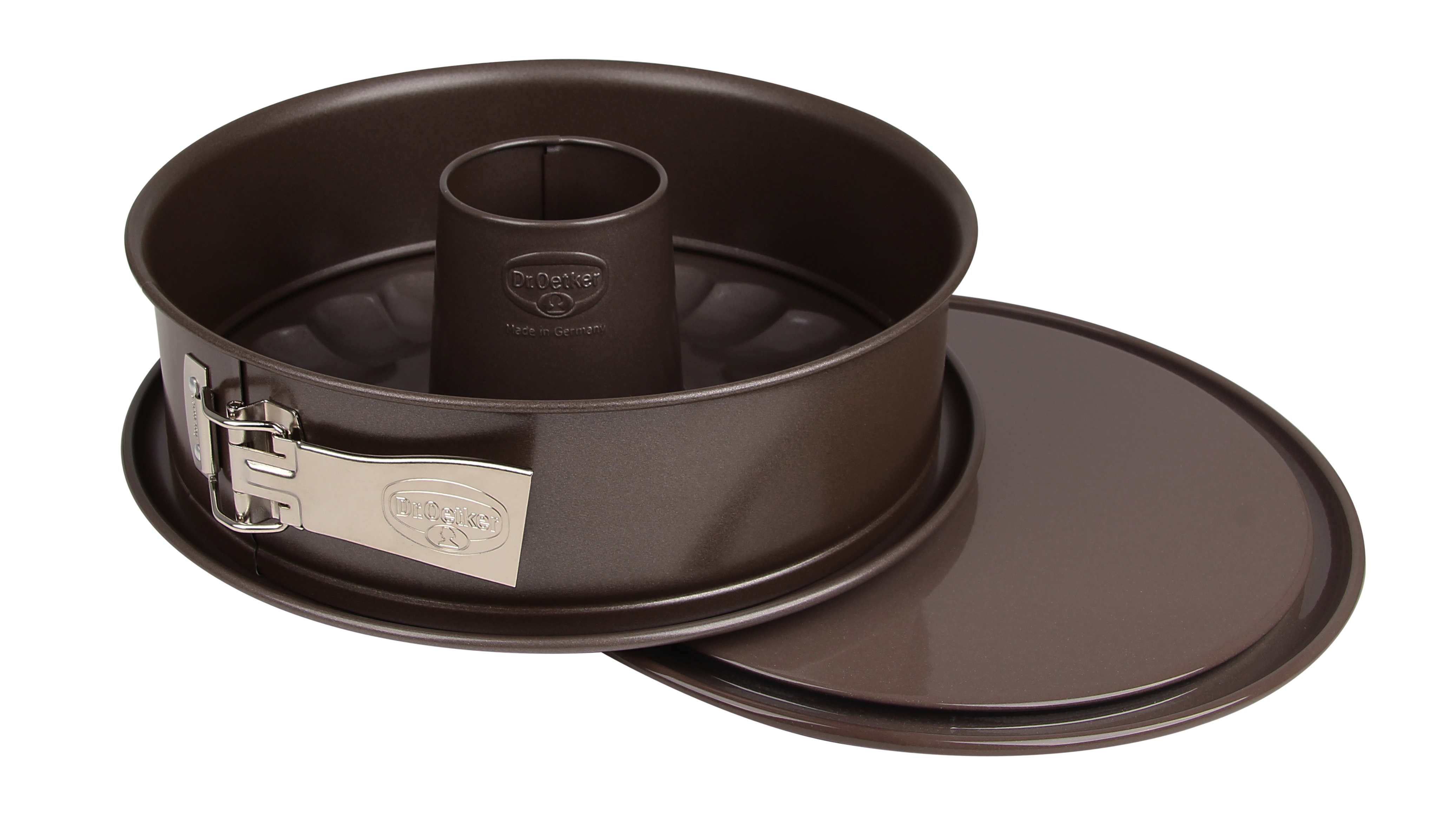 Braune Gugelhupf-Backform mit abnehmbarem Boden und Mittelrohr, offen.