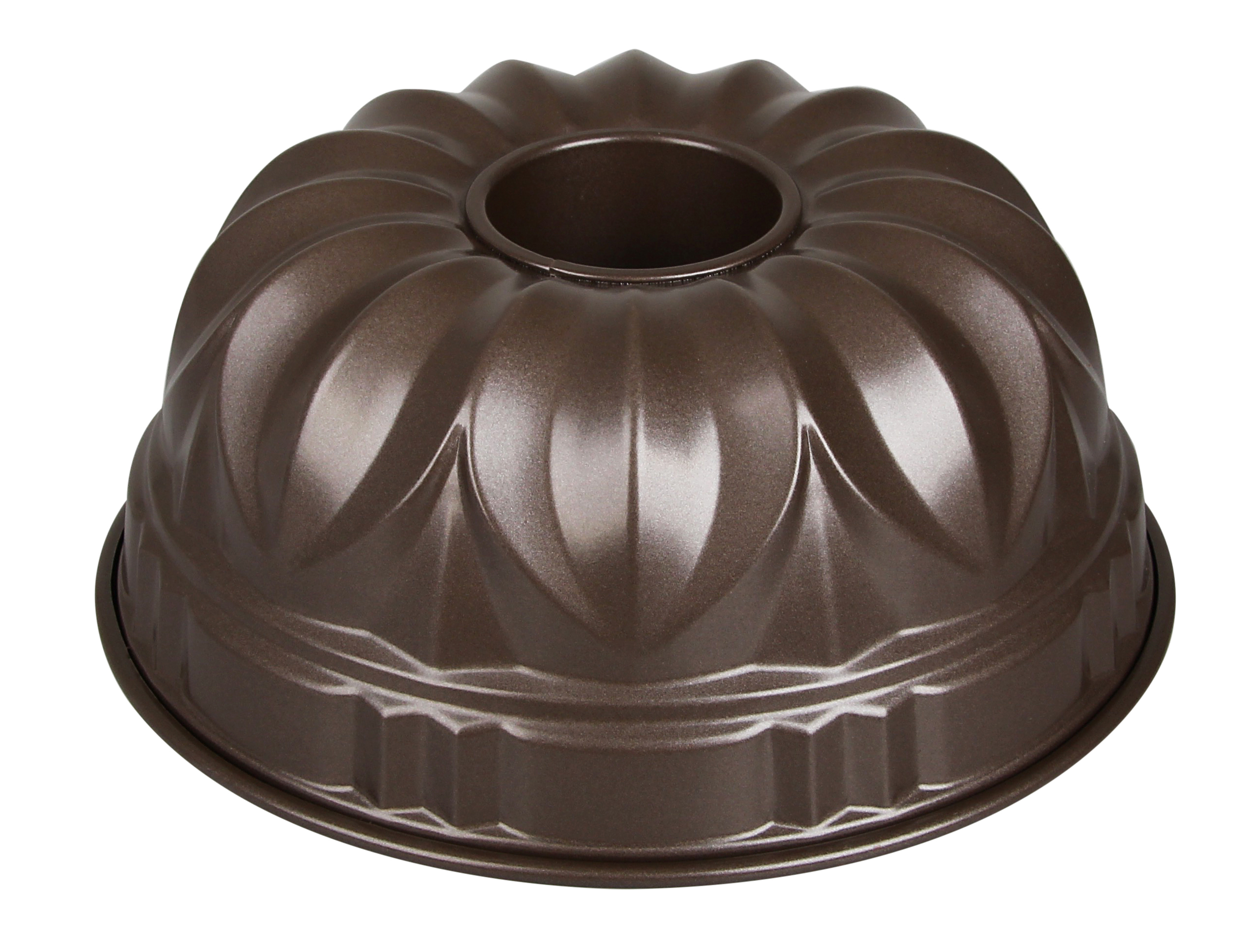 Braune Gugelhupf-Form. Es ist eine runde Kuchenform mit einem Loch in der Mitte.