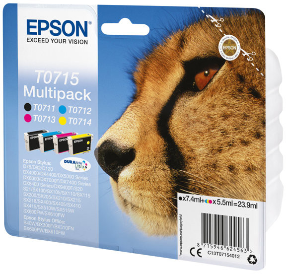 Cartouches d'encre Epson T0715 multipack, une face de guépard à droite. Les cartouches sont noir, cyan, magenta, jaune.