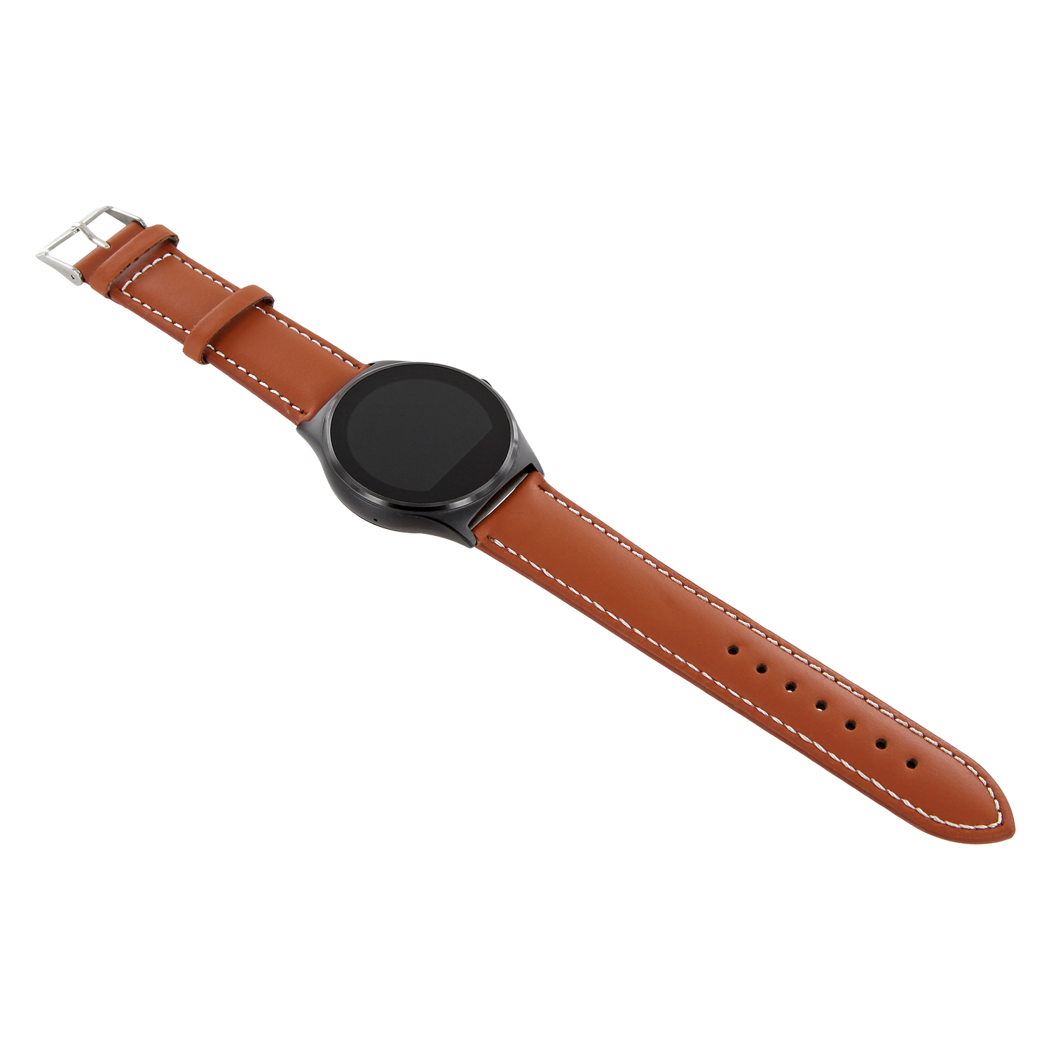 Eine Smartwatch mit braunem Lederarmband. Die Uhr hat ein schwarzes Zifferblatt und eine silberne Schnalle. Weißer Hintergrund.