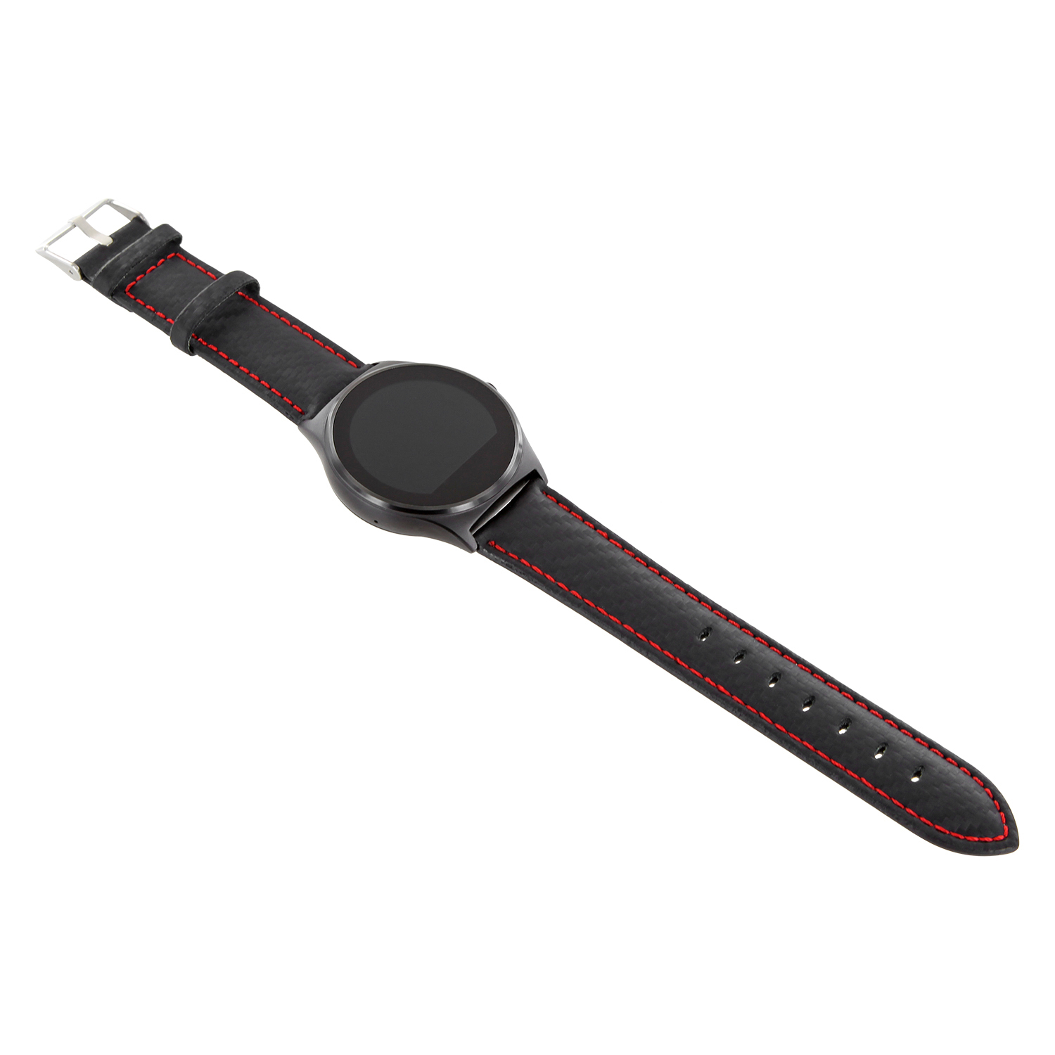 Schwarze Smartwatch mit schwarzem Bildschirm und schwarzem Lederarmband mit roten Nähten.