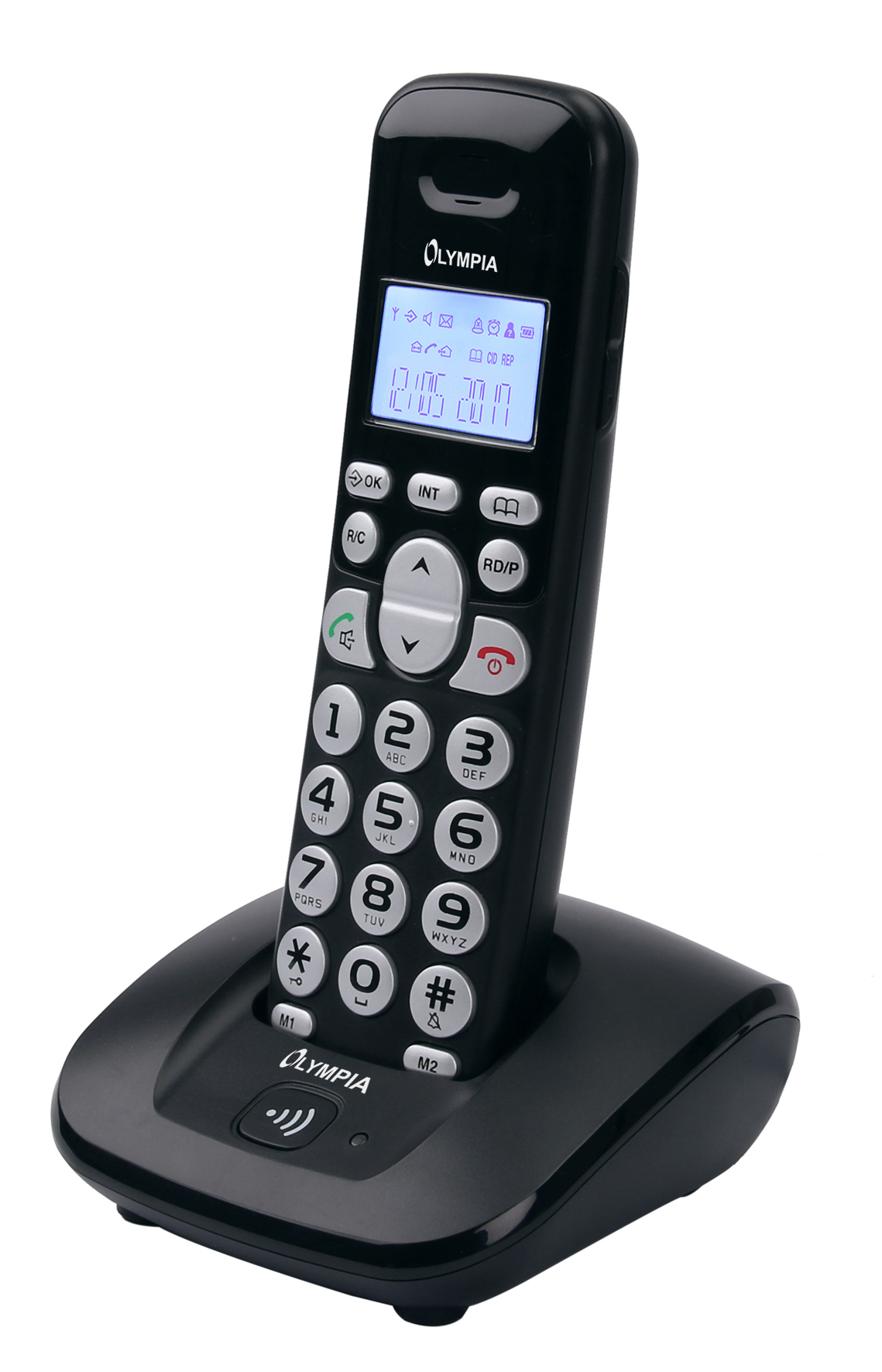 Schwarzes Olympia-Telefon mit Bildschirm und nummerierten Tasten auf schwarzer Basis.