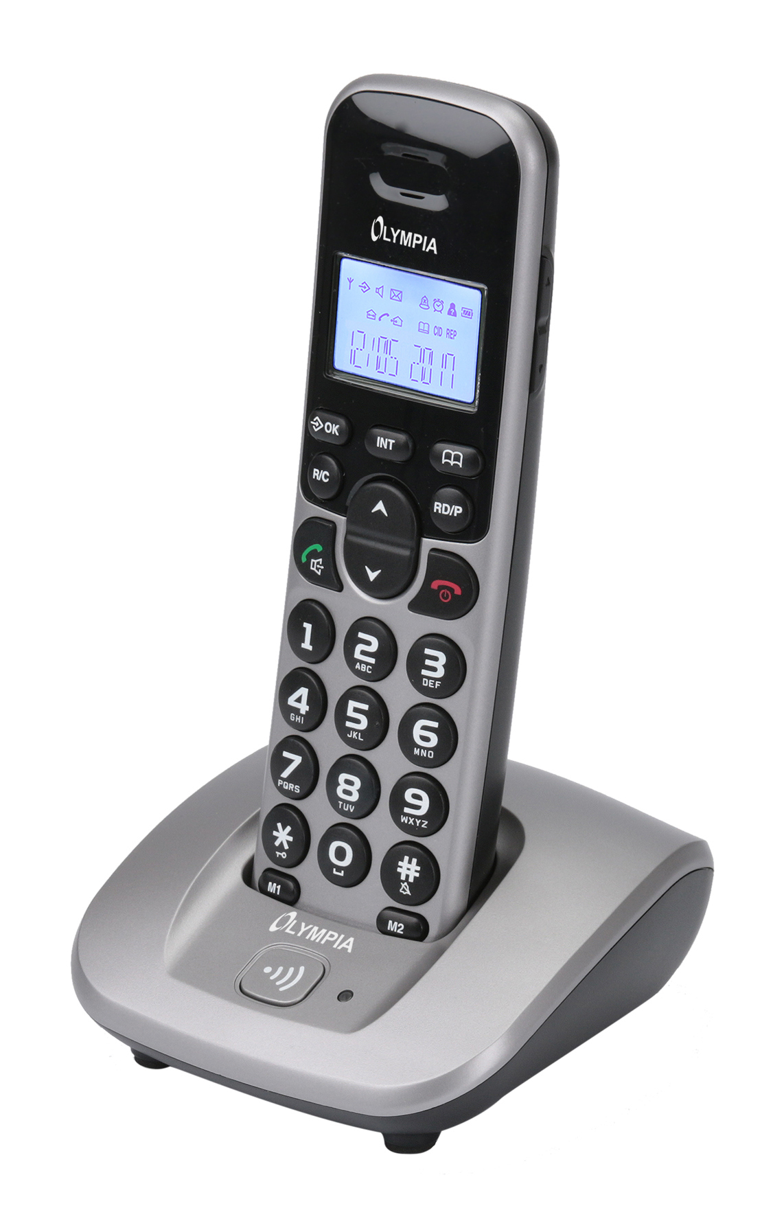 Ein schnurloses Telefon mit Basis. Das Telefon hat einen Bildschirm und eine Tastatur.