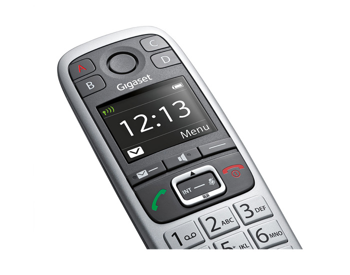 Silver Gigaset phone with a screen displaying the time and buttons.