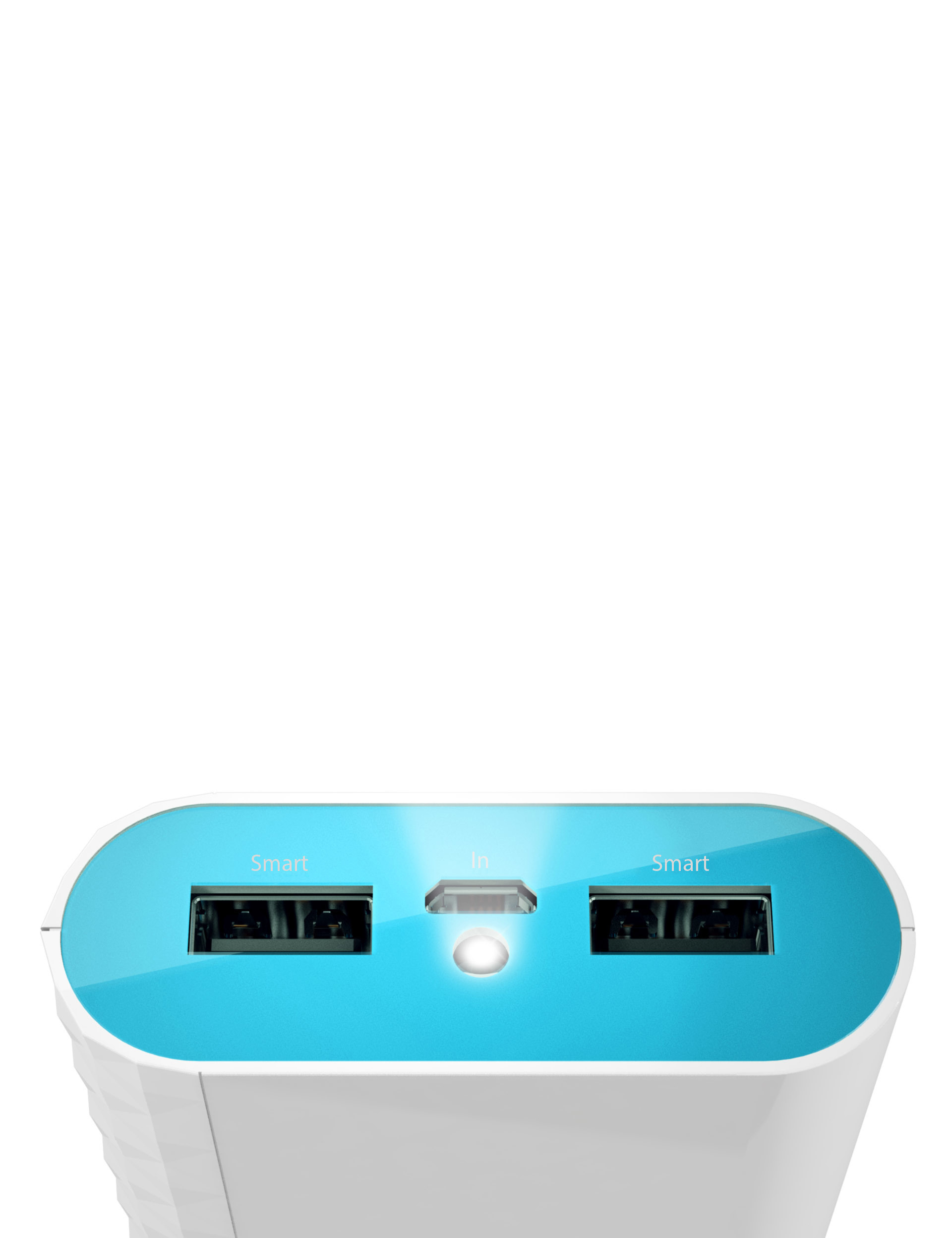 Eine weiße und türkisfarbene Powerbank mit zwei USB-Anschlüssen und einem IN-Anschluss.
