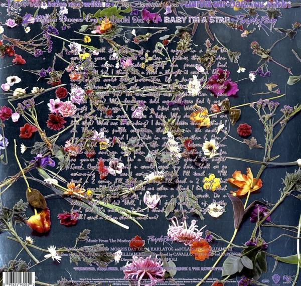 Pochette de l'album Purple Rain avec des fleurs et du texte manuscrit. Fond sombre.