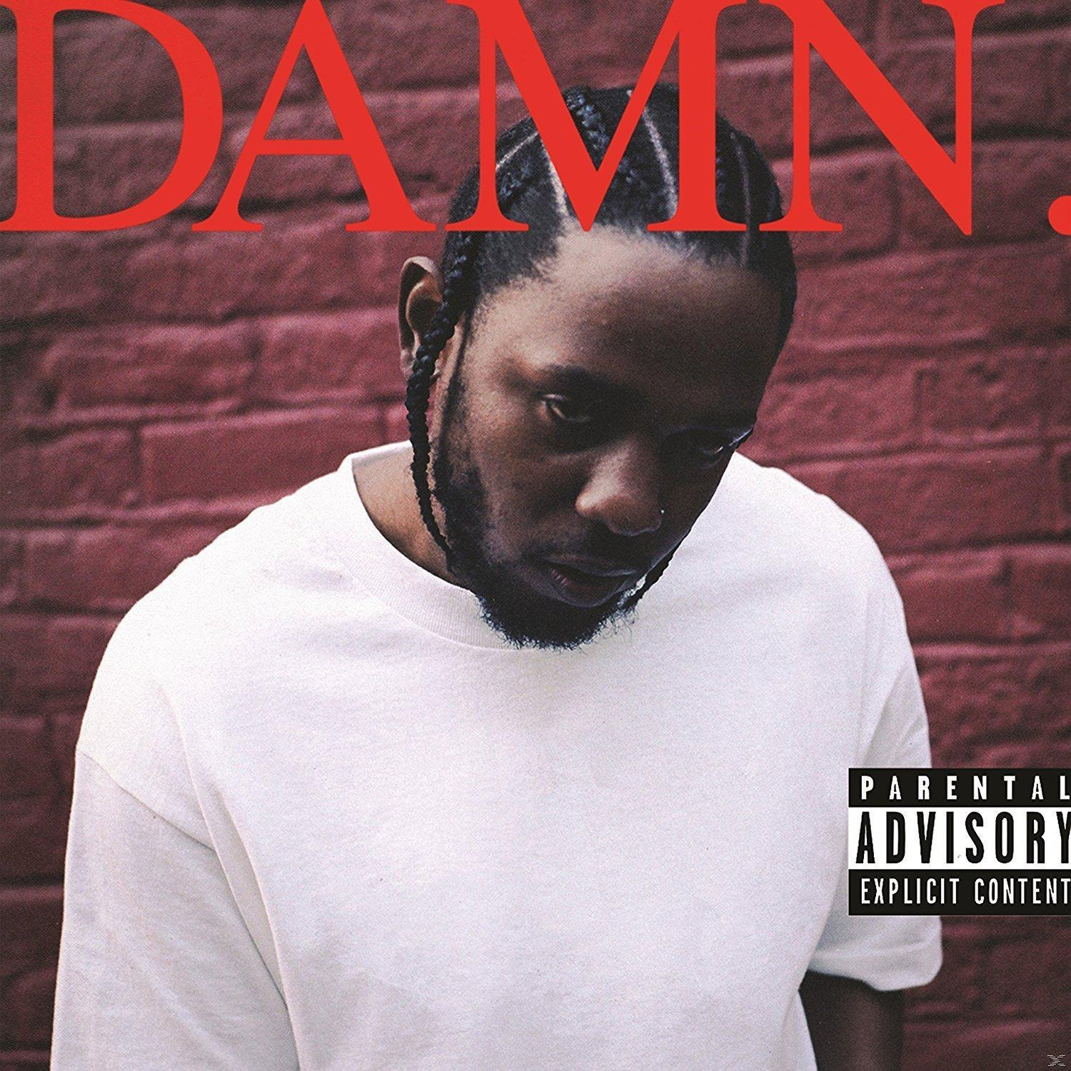 Albumhoes voor Kendrick Lamar getiteld "DAMN.". Kendrick Lamar kijkt naar beneden voor een bakstenen muur.
