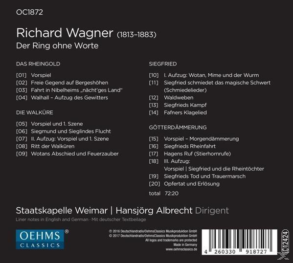 Ein CD-Cover mit dem Titel 'Der Ring ohne Worte' von Richard Wagner. Titelliste auf Deutsch.