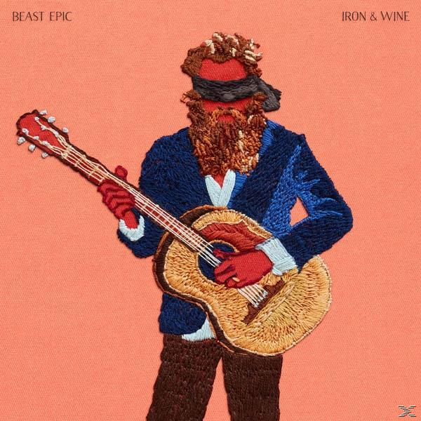Albumcover mit einem gestickten Bild eines Mannes mit Bart, Sonnenbrille und Gitarre.