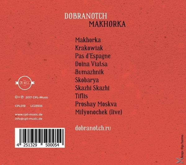 Roter Hintergrund mit Text, darunter „Dobranotch Makhorka“ und Titellisten. Ein Barcode ist sichtbar.