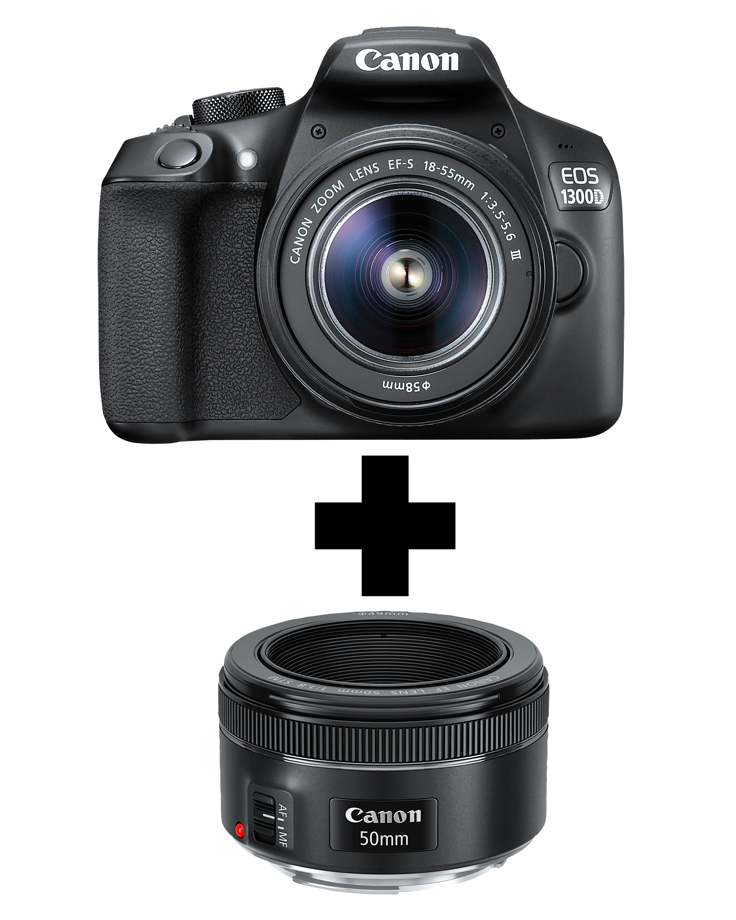CANON EOS 1300D Spiegelreflexkamera, 18 Megapixel, 18-55 mm, 50 mm Objektiv (DC, STM), Schwarz