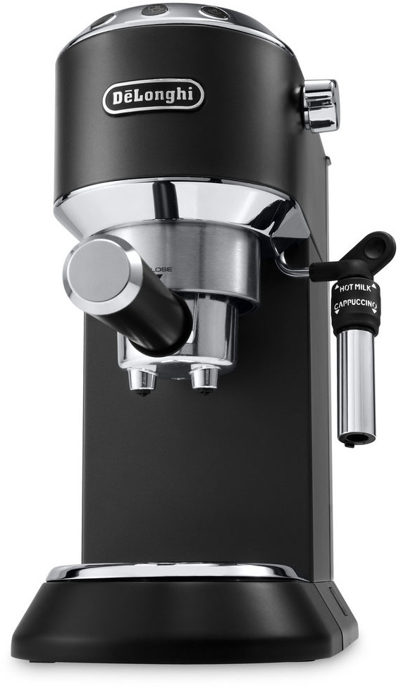 Black espresso machine on a white background.