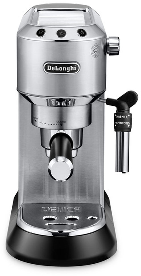 Silver DeLonghi espresso machine with black accents, side view, on a black background.