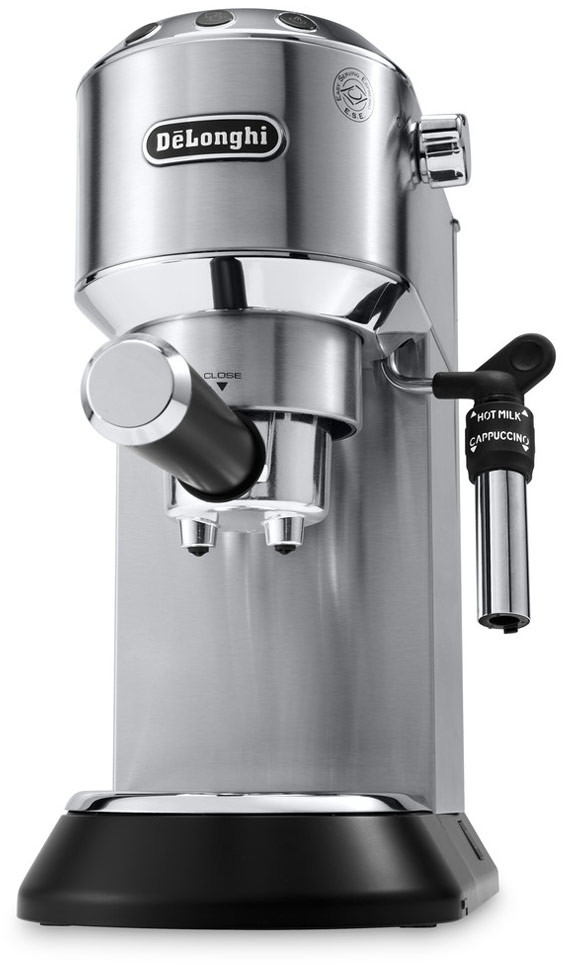 A stainless steel DeLonghi espresso machine with a black handle.