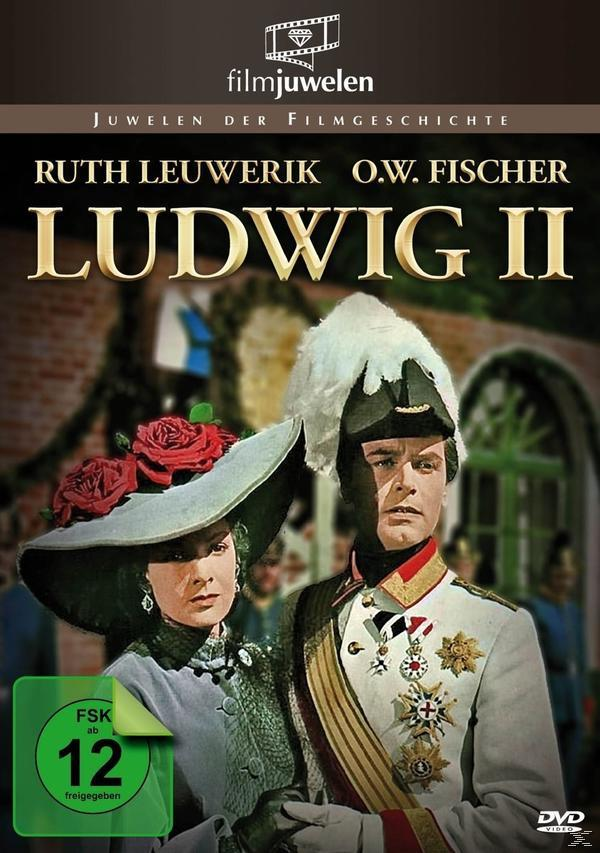 Filmposter mit Ruth Leuwerik und O.W. Fischer. Titel: Ludwig II. Ein Mann mit Hut und eine Frau sind im Bild.