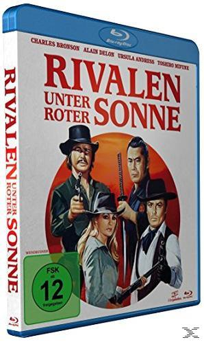 Filmcover mit Männern, die Waffen halten, plus einer Frau. Text sagt 'Rivalen unter Roter Sonne'.