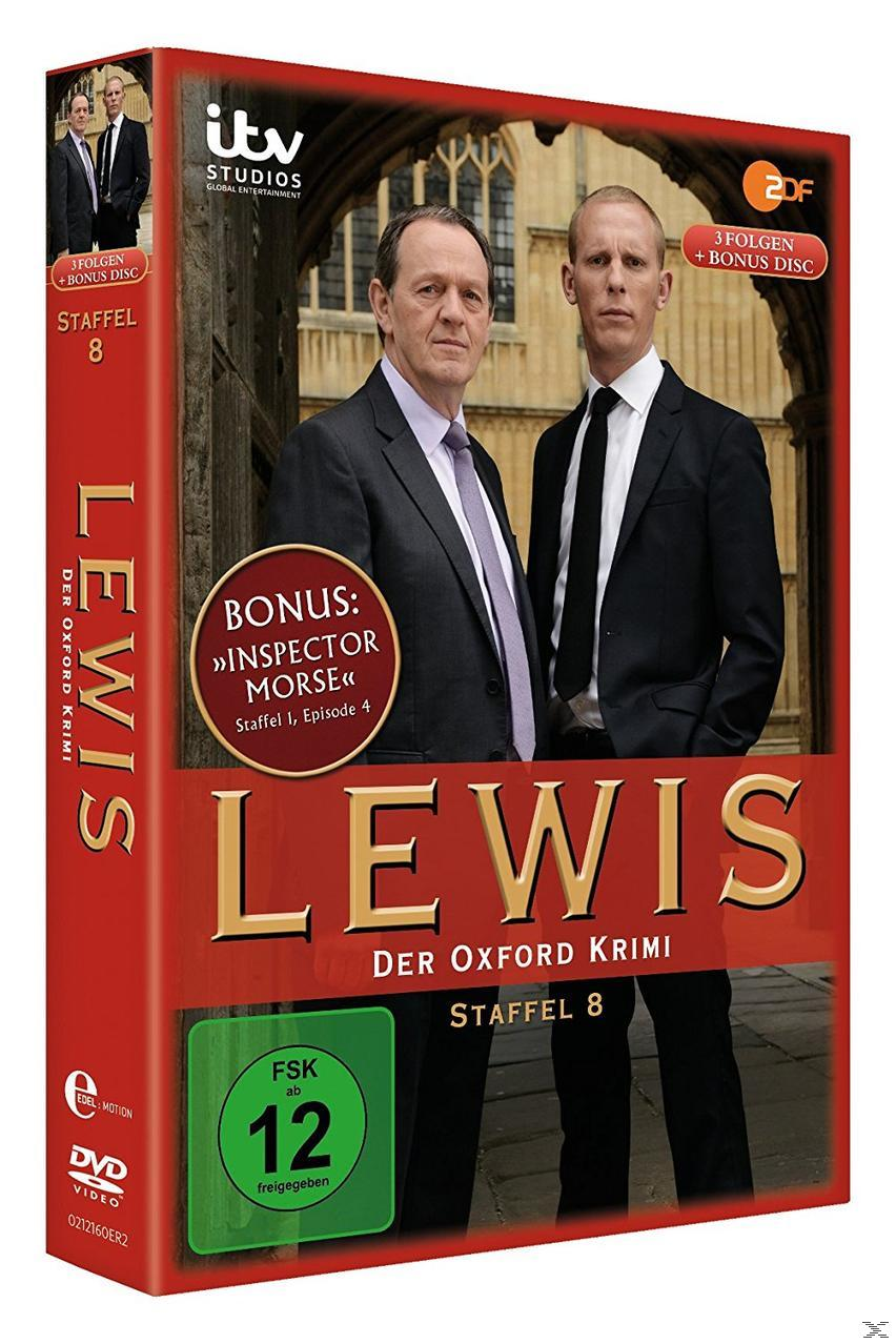 DVD-Box: Lewis-Serie, Staffel 8. Zwei Männer in Anzügen, roter Umschlag, grüner Bewertungsaufkleber.