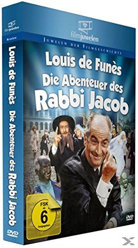 DVD-Hülle des Films 'Die Abenteuer des Rabbi Jacob'. Zeigt einen Mann in Schwarz und eine Gruppe von Menschen.