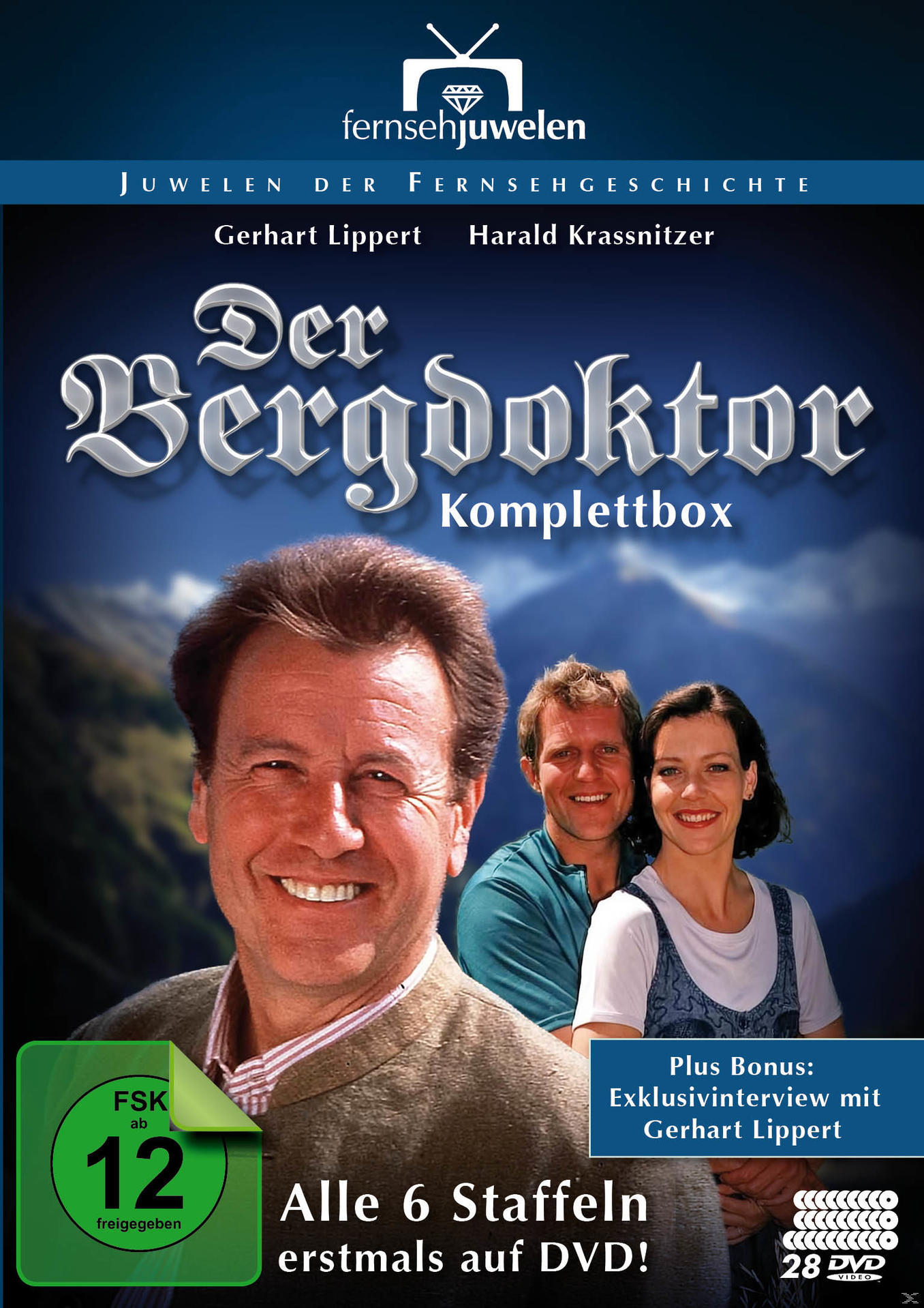 DVD-Boxset von 'Der Bergdoktor' mit Schauspielern im Vordergrund. Mit Serientitel und Bildern.