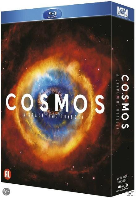Een Blu-ray boxset van de 'Cosmos'-serie met een kleurrijke afbeelding van een melkwegstelsel op de cover.