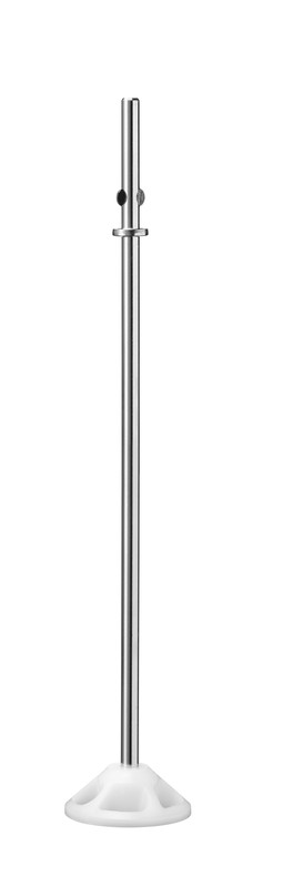 A tall, polished metal pole with a white, circular base, against a white background.