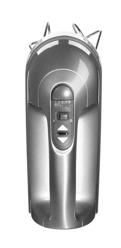 A silver hand mixer with a power dial and speed settings, on a white background.