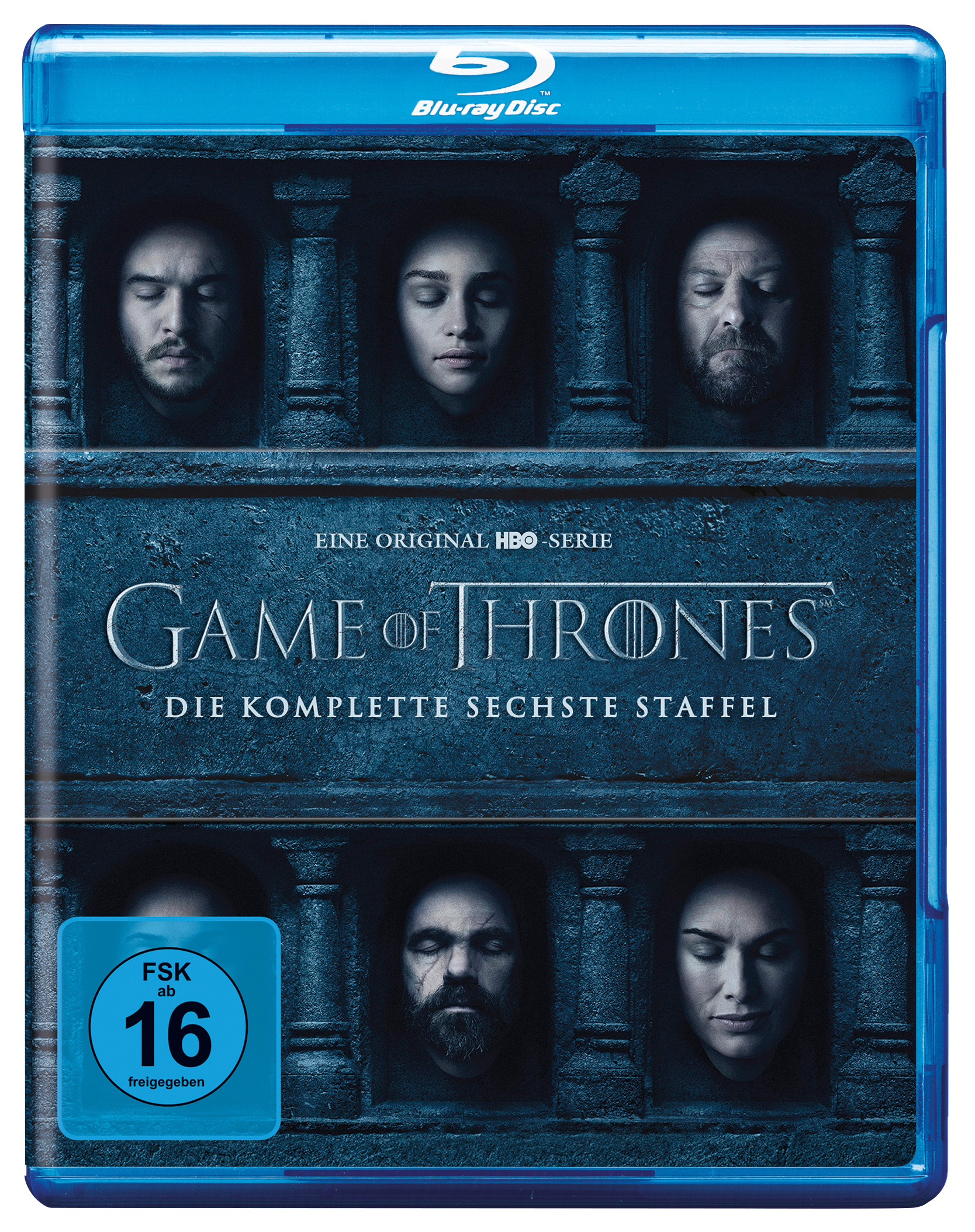 Blu-ray-Cover von Game of Thrones, Staffel 6. Gesichter von Charakteren im Vordergrund.
