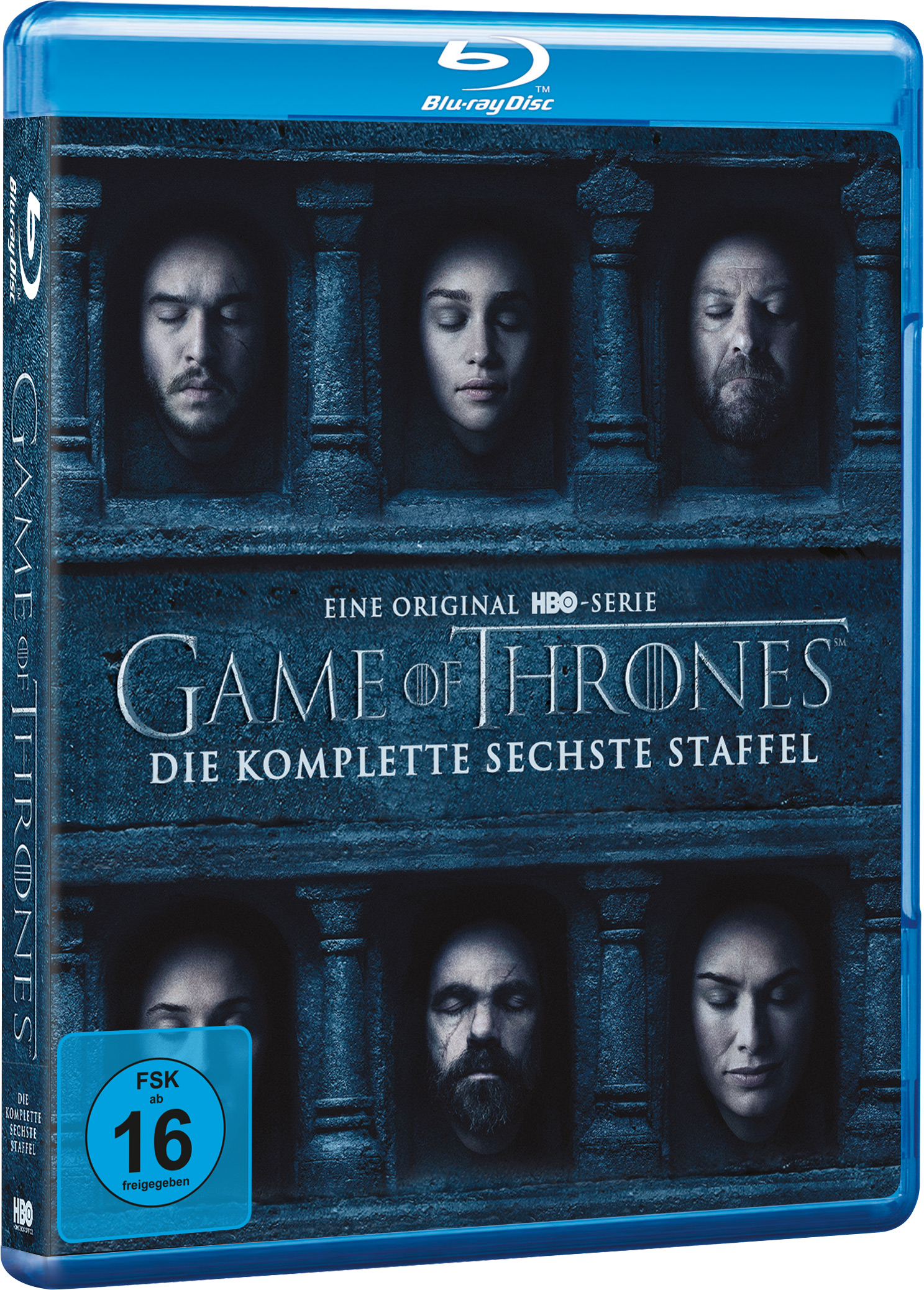Blu-ray-Disc-Hülle. Game of Thrones, Staffel 6 Cover-Art mit Charakterporträts.
