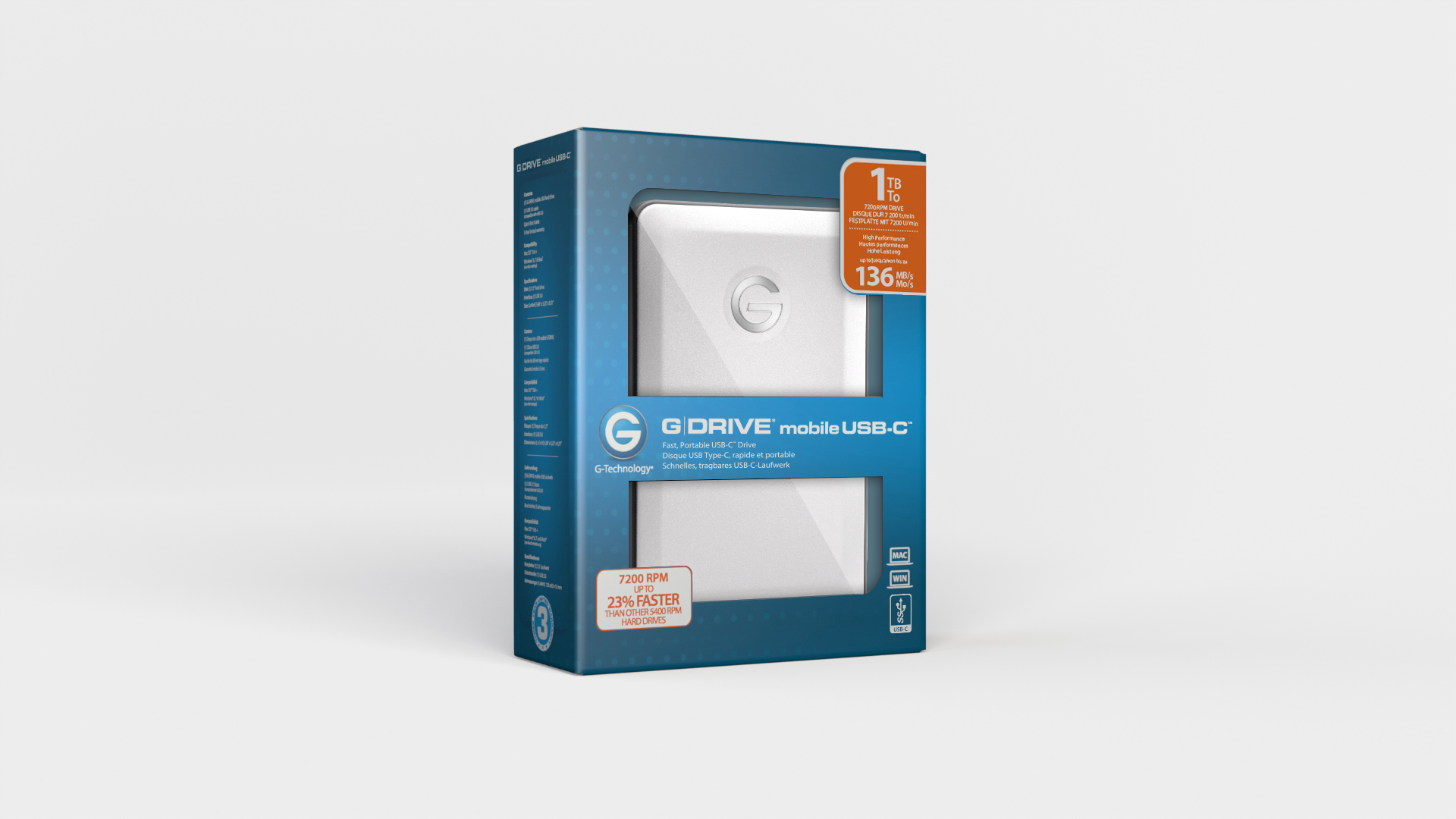 G-TECHNOLOGY G-Drive mobile USB-C Festplatte, 1 TB HDD, 2,5 Zoll, extern, Silber