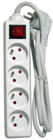 Witte stekkerdoos met 4 stopcontacten, rode schakelaar en witte kabel.