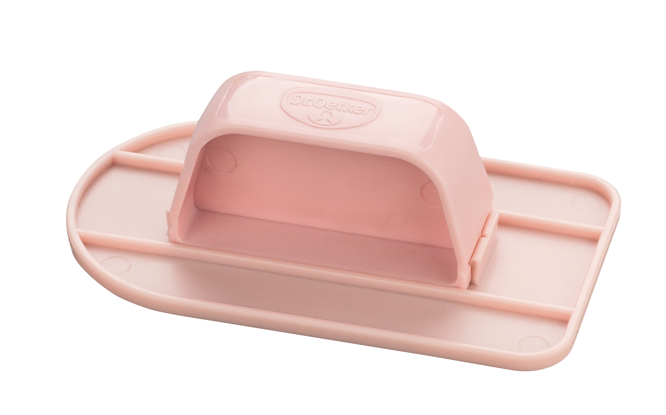 Rosa Kuchenglätter aus Kunststoff. Dr. Oetker Logo oben. Weißer Hintergrund.