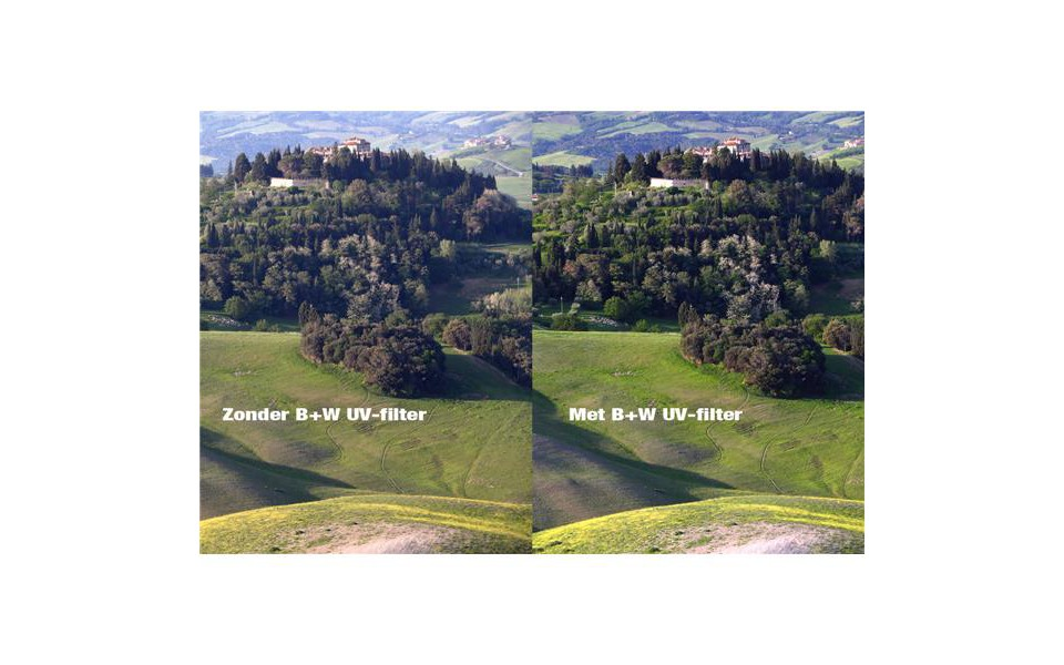 Landscape photo split in two. Each side shows a hillside with trees and buildings. Text below says with and without UV filter.
