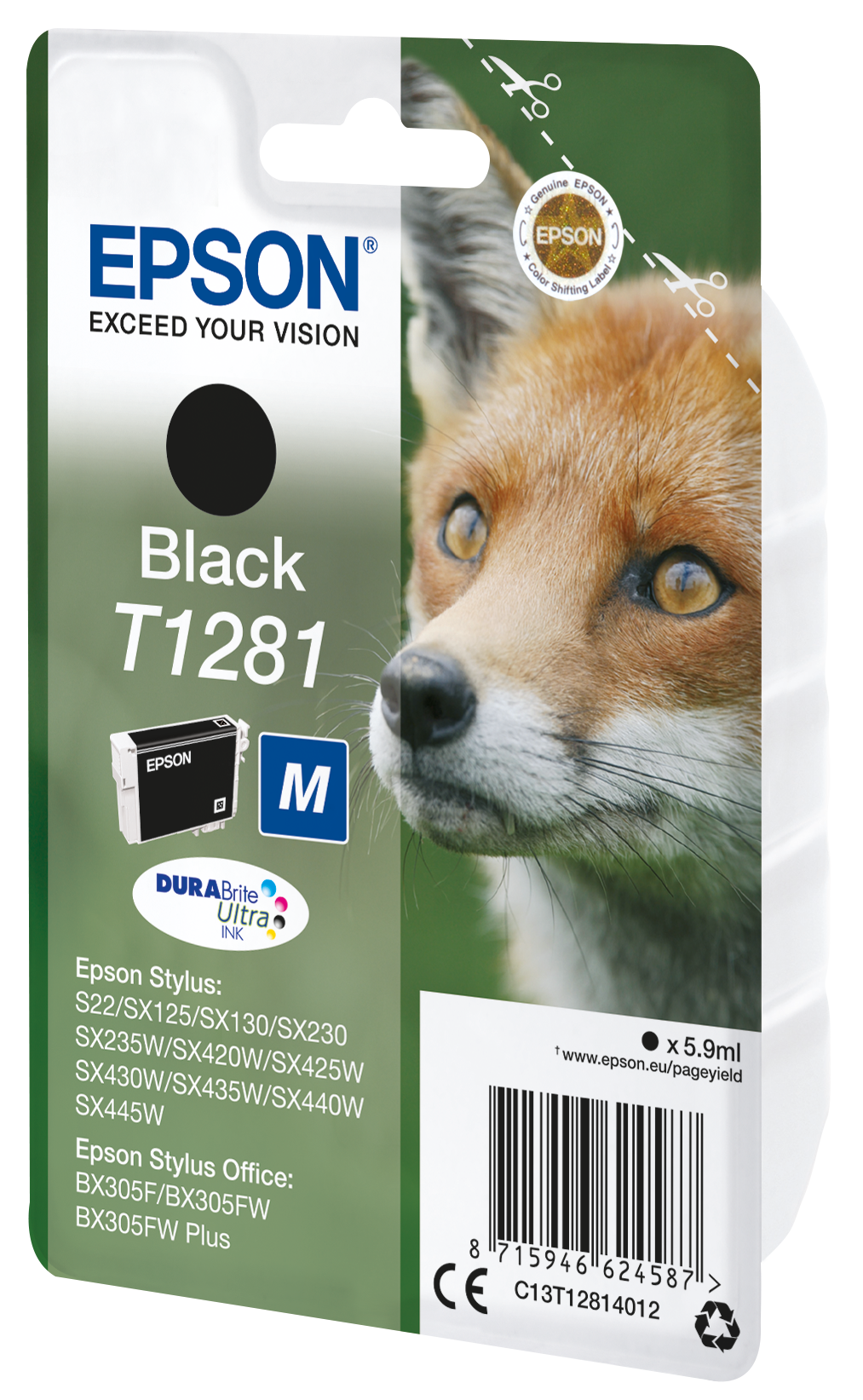 Epson ink cartridge. A fox face is on the right. The cartridge is black.