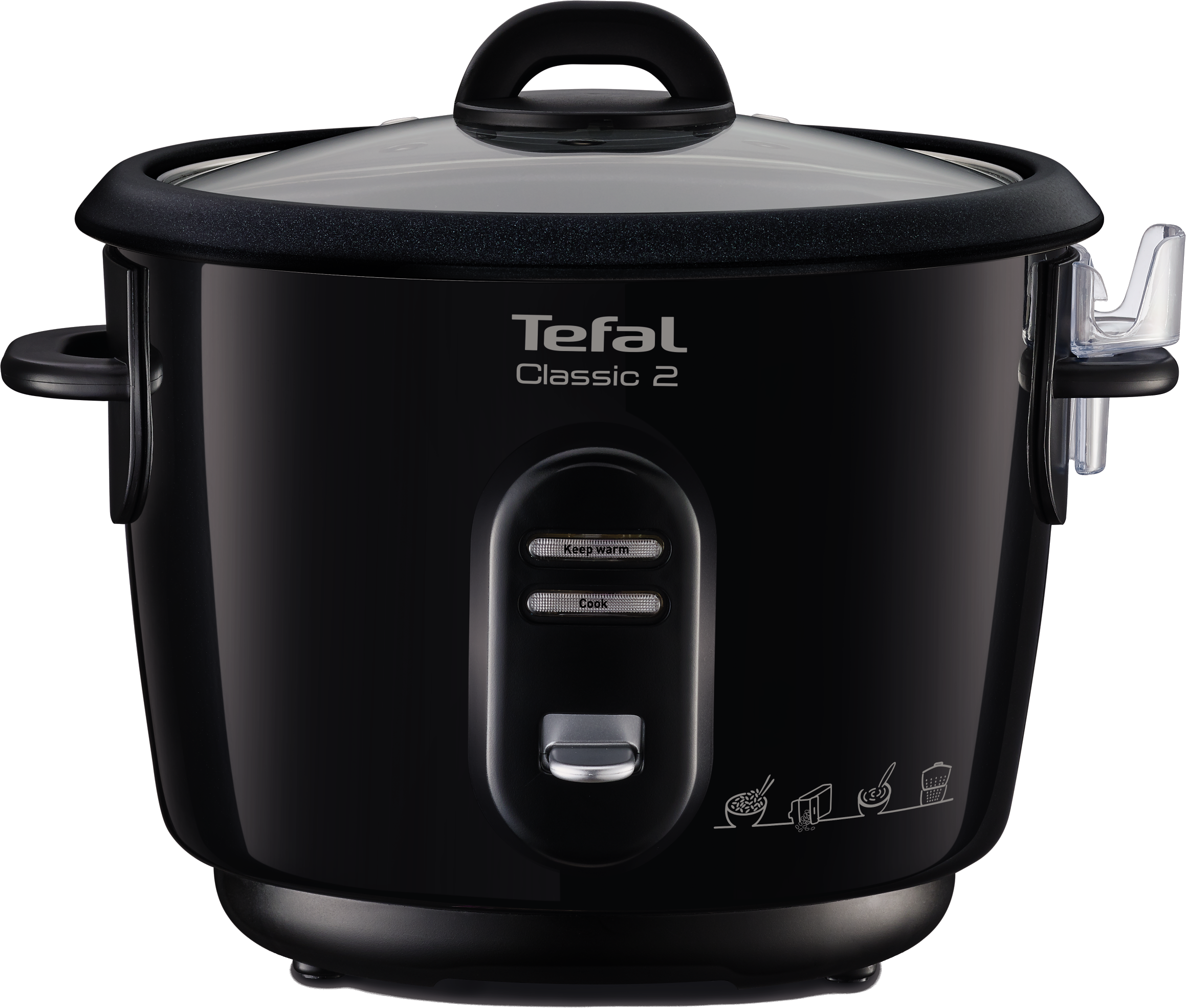 Fekete Tefal rizsfőző, melegen tartás és főzés gombokkal.