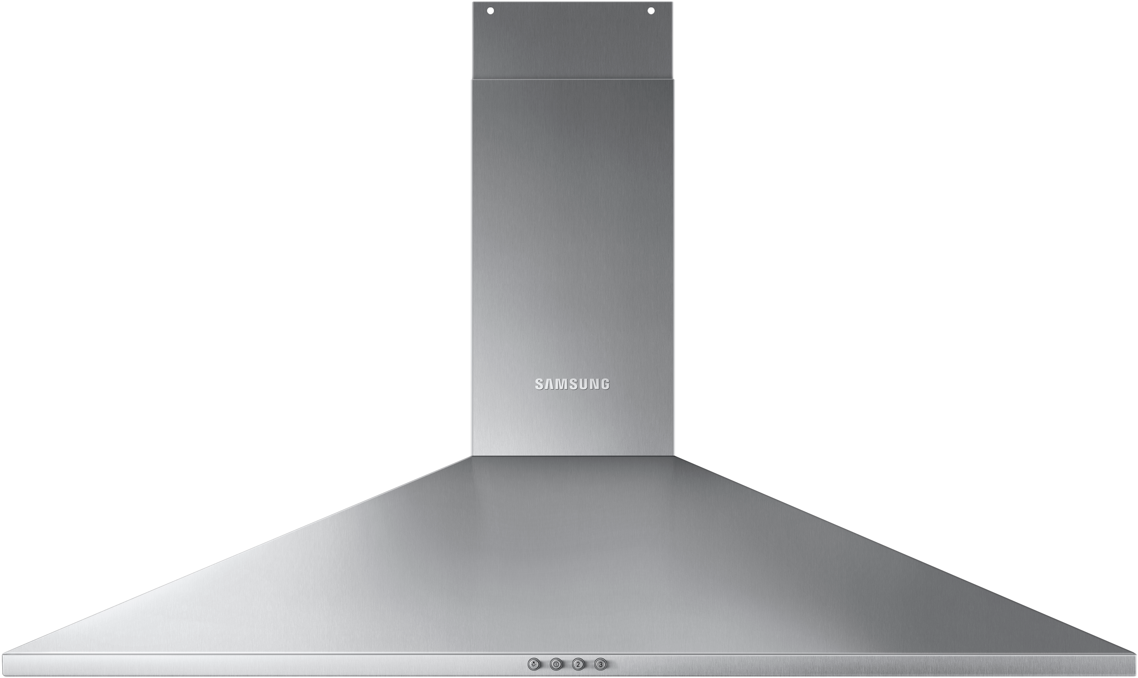 Une hotte aspirante en acier inoxydable avec le logo Samsung, avec trois boutons en bas.