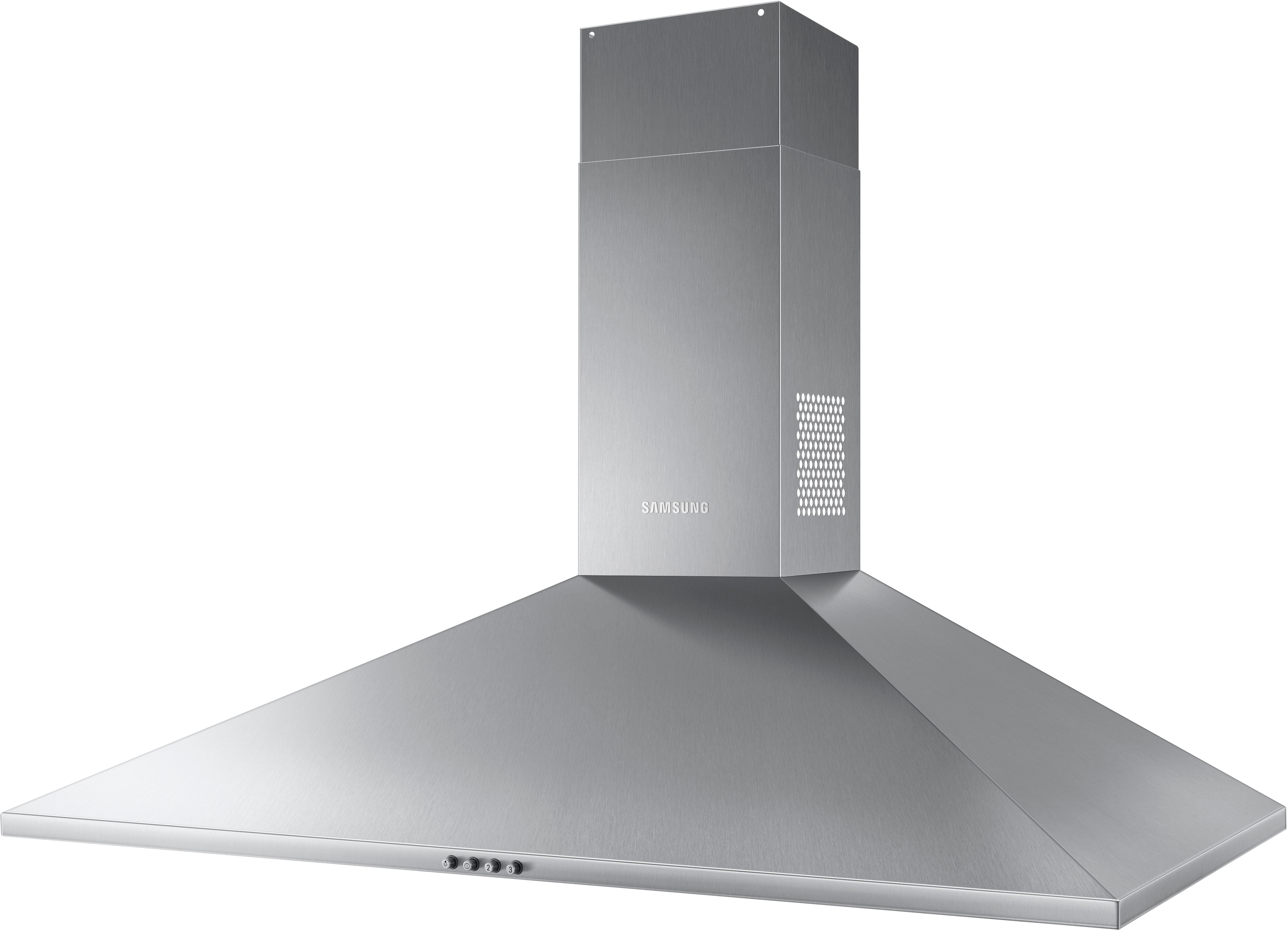 Une hotte aspirante Samsung en acier inoxydable avec un design incliné et une ventilation.