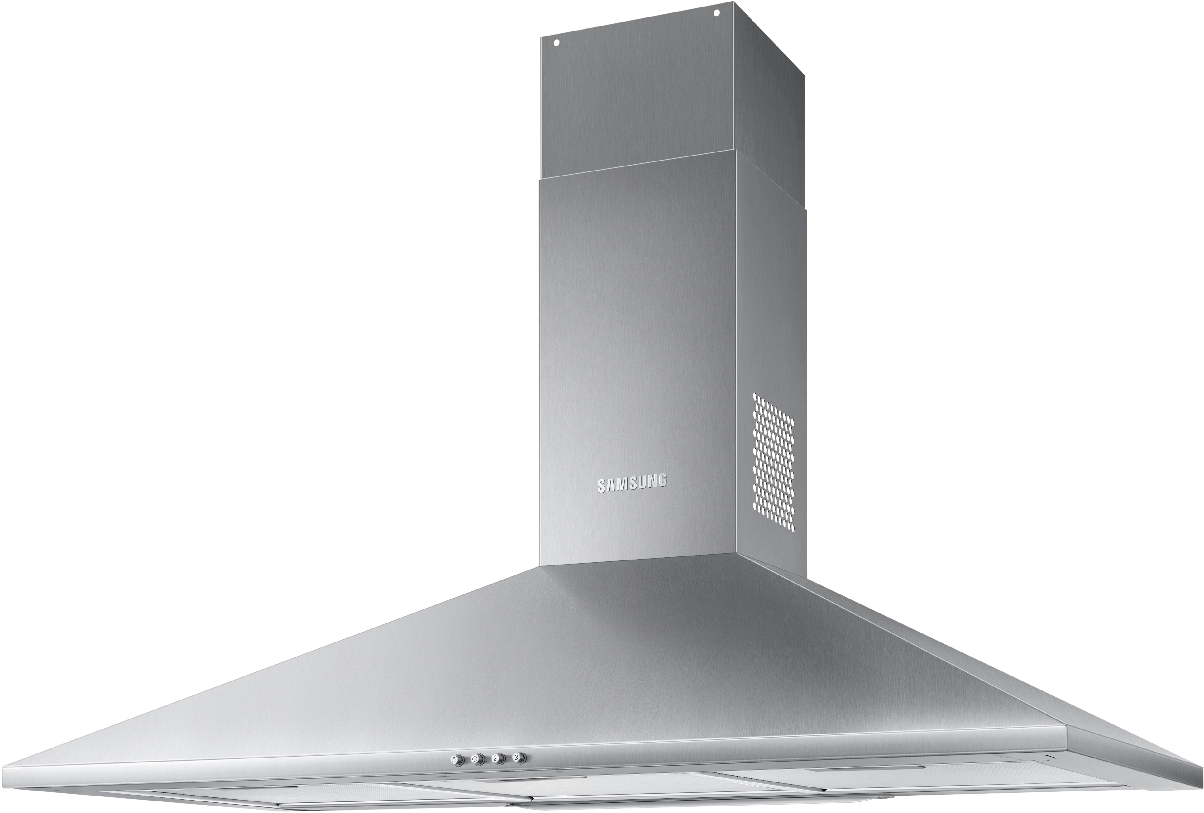 Hotte aspirante Samsung argentée sur fond blanc.