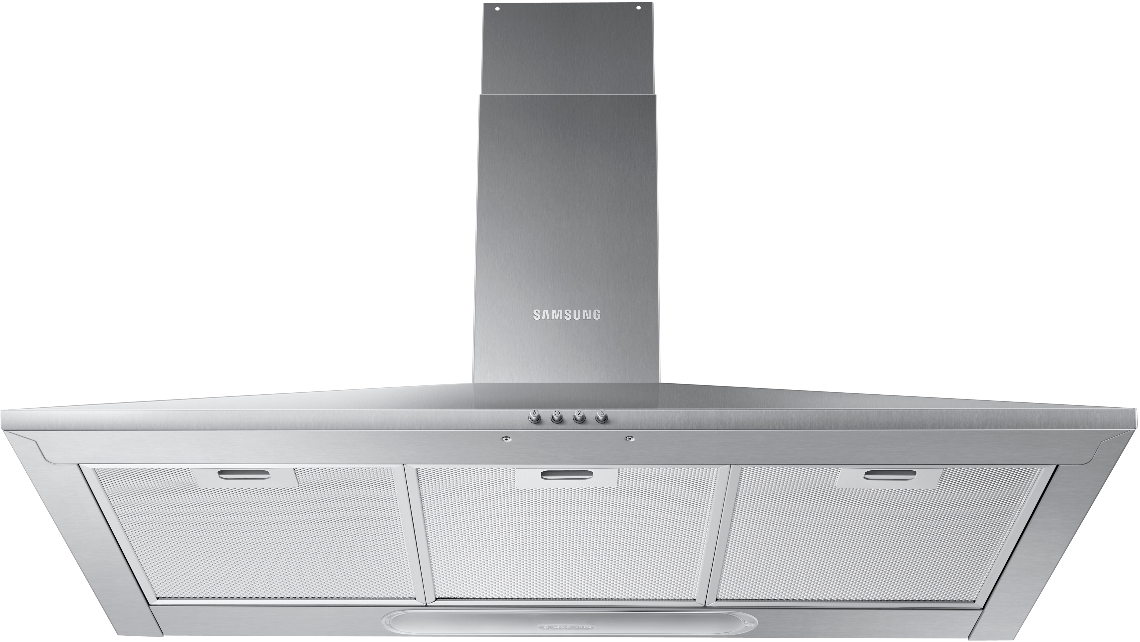 Une hotte Samsung en acier inoxydable. Trois filtres en maille en dessous et une cheminée.