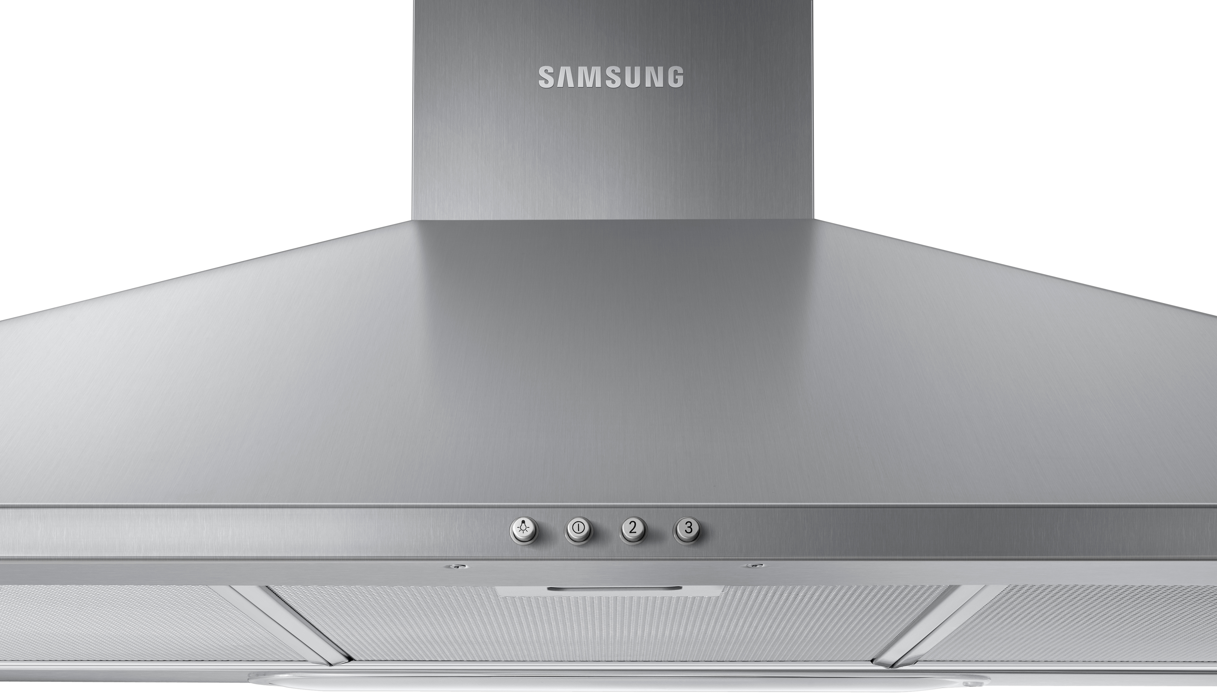 Hotte aspirante Samsung en acier inoxydable. Boutons de commande et filtre en maille visibles.