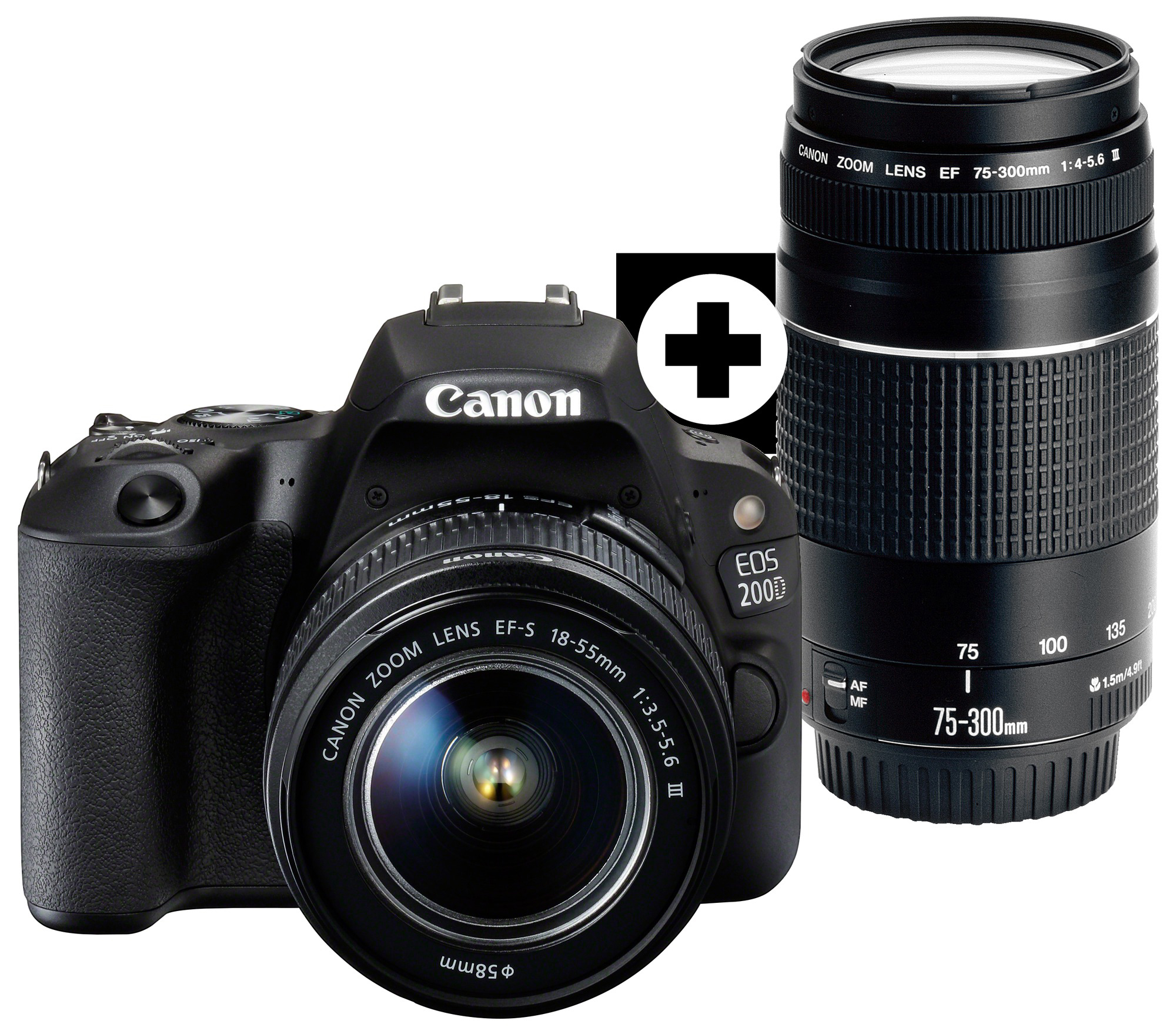 CANON EOS 200D Kit Spiegelreflexkamera, 24,2 Megapixel, 18-55 mm, 75-300 mm Objektiv (EF-S, EF), Touchscreen Display, WLAN, Schwarz
