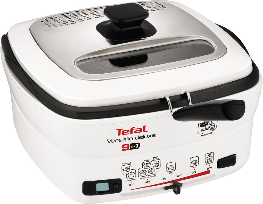 Fehér Tefal Versalio deluxe 9 az 1-ben multi-főző fekete fedővel és vezérlőpanellel.