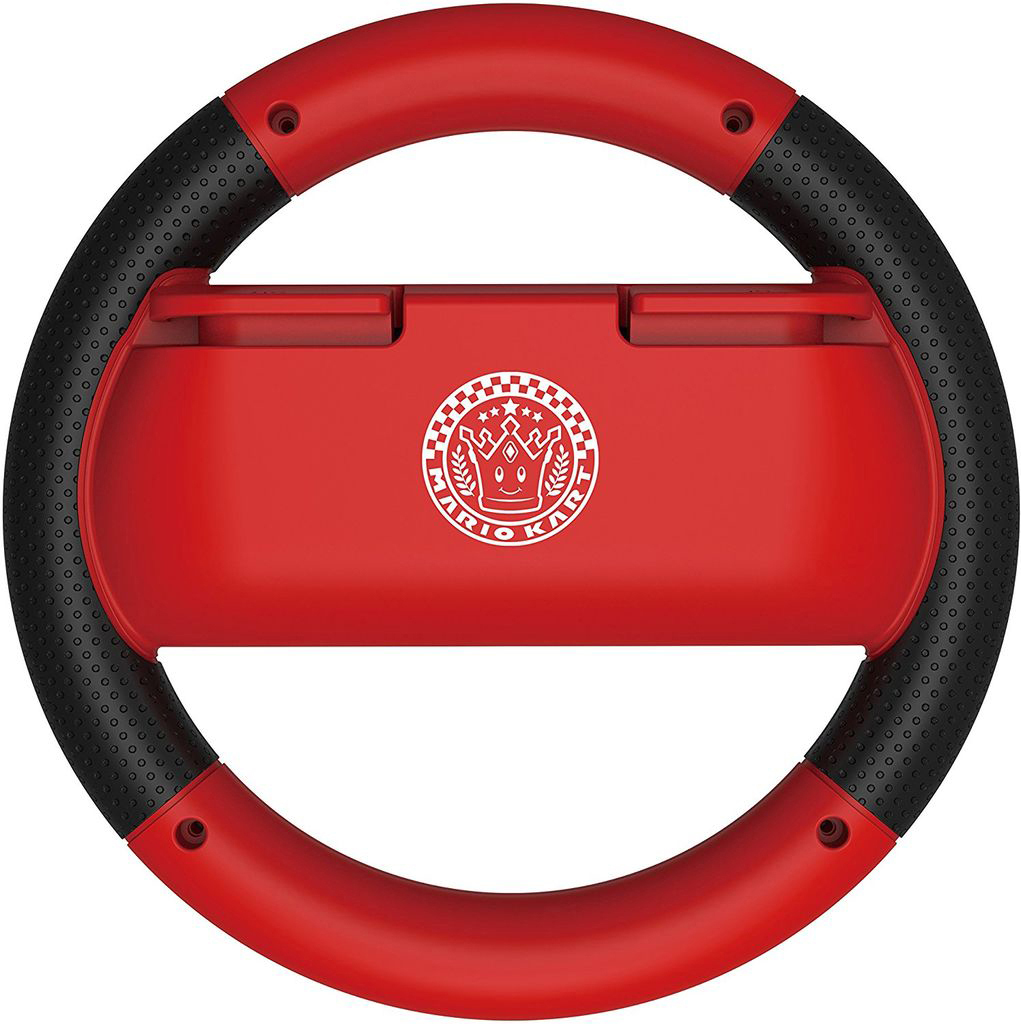 Rotes Mario Kart-Lenkrad. Schwarze Gummi-Griffe. Weißes Mario Kart-Logo in der Mitte.