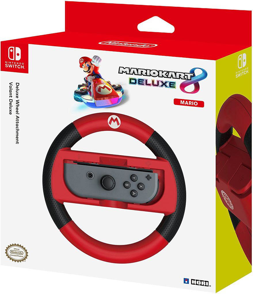 Mario Kart 8 Deluxe Lenkradaufsatzbox, mit einem rot-schwarzen Lenkrad.