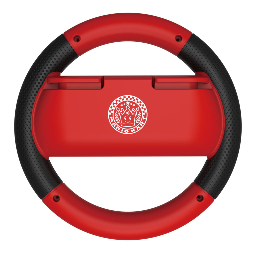 Rotes Mario Kart Lenkrad, schwarze Griffe, weißes Mario Kart Logo.