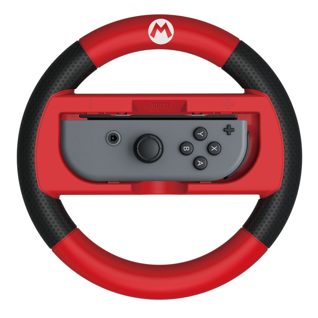 Rotes und schwarzes Lenkrad mit grauem Controller für eine Switch. Mario Logo.