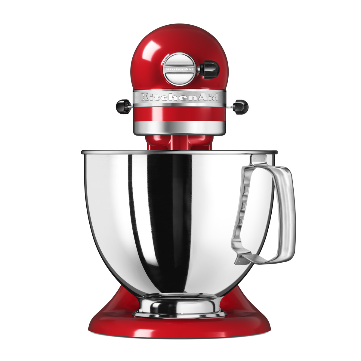 A red KitchenAid stand mixer with a stainless steel bowl, on a white background. The mixer is centered and in focus.