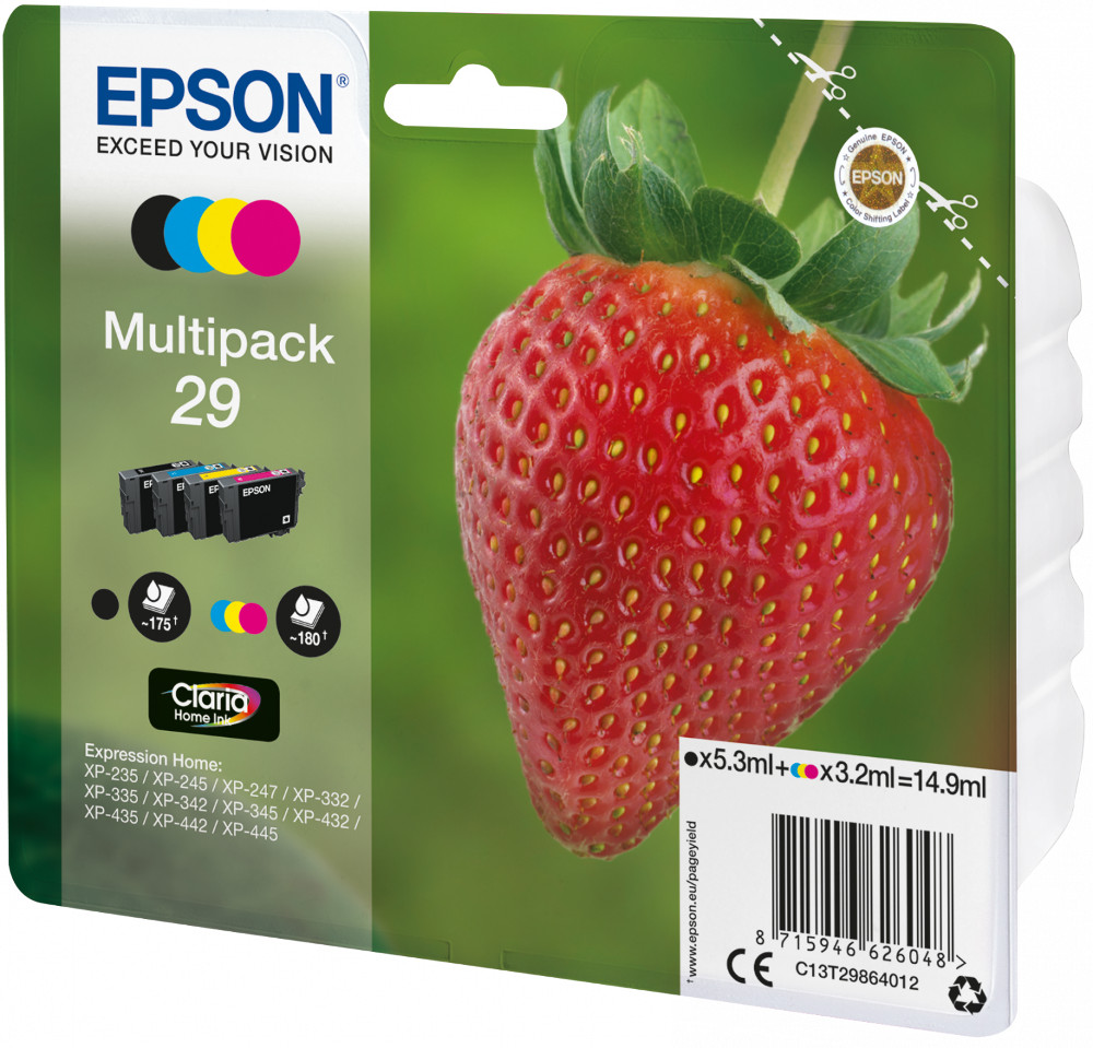 Multipack de cartouches d'encre Epson. Fraise rouge à droite. Feuilles vertes et fond vert.