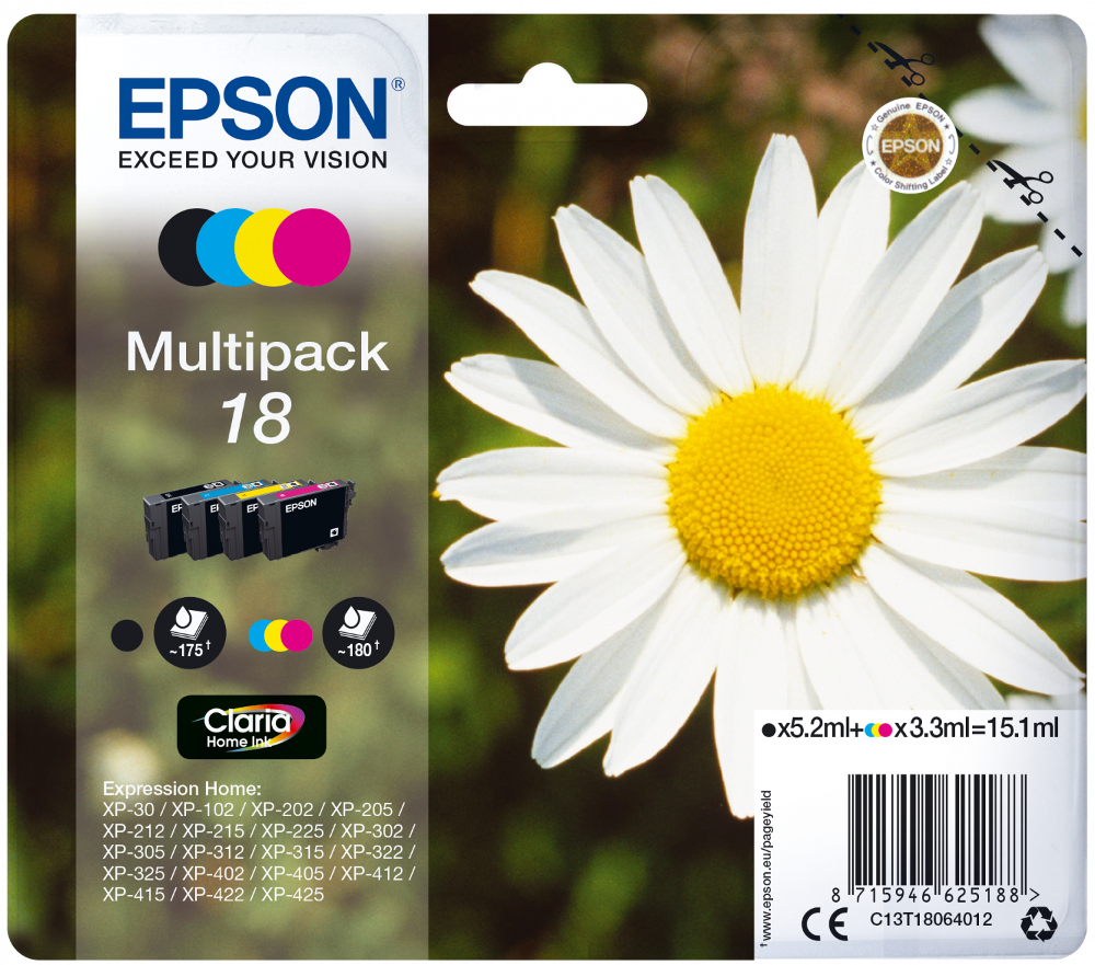 Epson inkjet printer inkt multipack. Bevat vier inktcartridges, met een madeliefje.