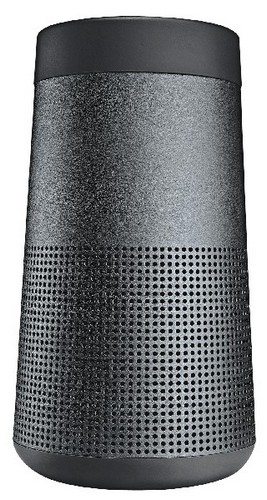 Schwarzer Bose-Lautsprecher, zylindrisch, perforierter unterer Bereich, dunkle Oberseite. Weißer Hintergrund.